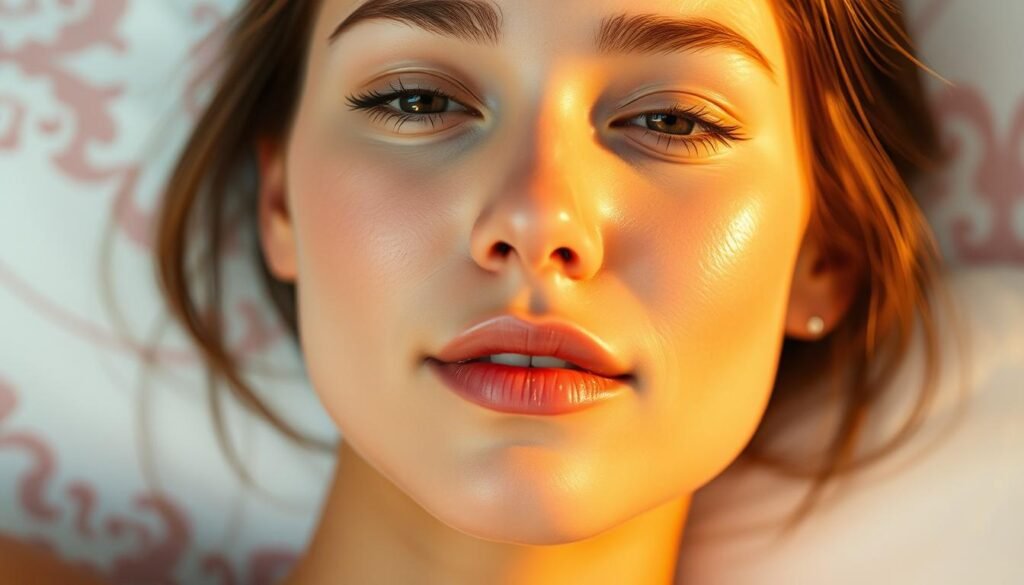 A close-up portrait of a youthful, radiant female face illuminated by soft, warm lighting. The skin appears smooth, taut, and glowing with a healthy, natural luminescence. The model's expression is serene, conveying a sense of relaxation and rejuvenation. In the background, a blurred, pastel-hued abstract pattern evokes a spa-like atmosphere. The overall aesthetic suggests the long-lasting, restorative effects of the "Oligio X 原美電波" facial treatment by Glowin Beaute.