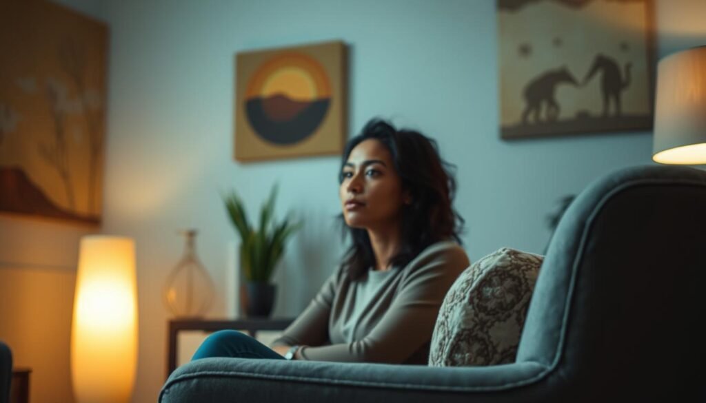 A dimly lit counseling room, with a comfortable armchair in the foreground. The walls are adorned with soothing earth-toned decor, creating a calming atmosphere. In the center, a person sits, deep in thought, their face reflecting a sense of introspection and a search for solutions. Soft, warm lighting from a nearby lamp casts a gentle glow, illuminating the space and highlighting the individual's contemplative expression. The background is blurred, hinting at the larger context of the counseling session, but keeping the focus on the person and their journey towards overcoming the challenges they face.