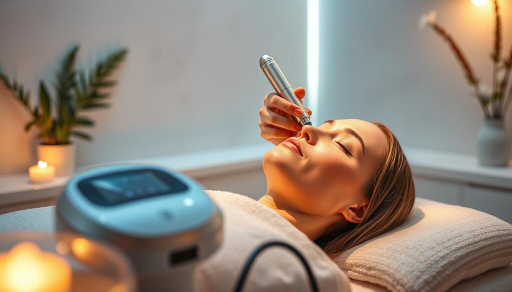 A tranquil, modern spa setting with soft lighting and clean, minimalist design. In the foreground, a patient reclines comfortably on a treatment table, undergoing a derBeaute BTL Exion collagen induction therapy session. The clinician's hands gently guide the sleek, high-tech handpiece over the patient's relaxed face, emitting precise, pain-free pulses. Warm, diffused light bathes the scene, creating an atmosphere of serenity and wellbeing. The middle ground showcases the state-of-the-art BTL Exion device, its elegant form complementing the spa's sophisticated aesthetic. In the background, subtle botanical accents and muted wall textures enhance the calming, restorative ambiance.