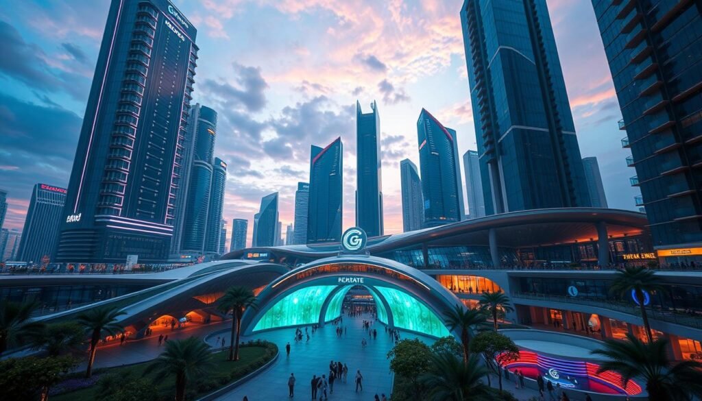 A breathtaking futuristic cityscape of Glowin Beaute's entertainment complex, showcasing its innovative architectural design and cutting-edge technological advancements. Towering glass skyscrapers, adorned with neon accents, rise majestically against a vibrant, chromatic sky. In the foreground, a grand entrance plaza bustles with activity, featuring sleek, curved structures and interactive digital displays. Lush, verdant landscaping and serene water features create a harmonious balance between modern aesthetics and natural elements. Bathed in a warm, diffused lighting, the scene conveys a sense of progress, excitement, and the promise of an immersive, technologically-advanced entertainment experience.