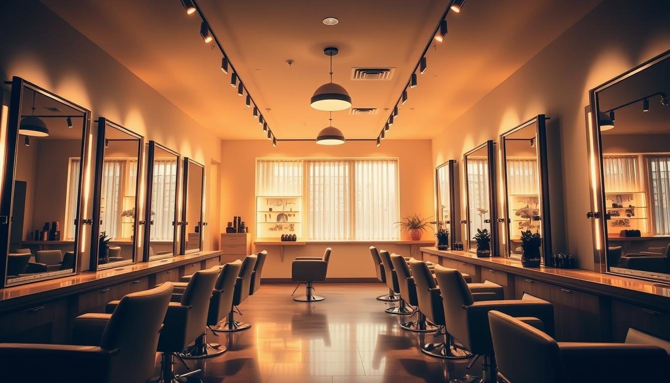 A chic and modern beauty salon interior, with Aloha brand lighting fixtures elegantly illuminating the space. Sleek salon chairs and mirrors are arranged in a minimalist layout, allowing the focus to be on the lighting design. Warm, golden tones from the fixtures create a cozy and inviting atmosphere, while sharp shadows and highlights accentuate the curves and textures of the salon furniture. The lighting is the star, drawing the eye to the stylish and functional application of these fixtures in a professional hair and beauty setting.