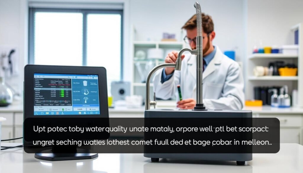 A detailed water quality testing setup in a bright, well-lit laboratory. In the foreground, a water quality analyzer displays various test results. In the middle ground, a technician in a white lab coat carefully collects a water sample from a faucet. The background features laboratory equipment such as beakers, pipettes, and other scientific instruments, conveying a sense of professionalism and scientific rigor. The scene evokes a mood of precision, accuracy, and the importance of understanding water quality before selecting and installing a water purifier.