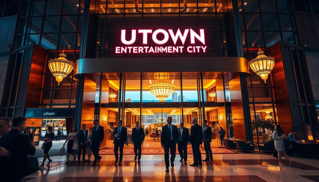 A grand, modern casino facade with the bold, neon-lit sign "UTown Entertainment City" glowing above the entrance. The building is made of sleek glass and steel, with intricate architectural details. The scene is illuminated by warm, ambient lighting, casting a welcoming glow. In the foreground, a group of well-dressed patrons are entering the casino, their expressions conveying a sense of excitement and anticipation. The middle ground features a spacious lobby with lavish furnishings and gilded accents, hinting at the luxurious experiences within. In the background, a panoramic view of the city skyline can be seen through the expansive windows, adding to the grandeur of the scene.