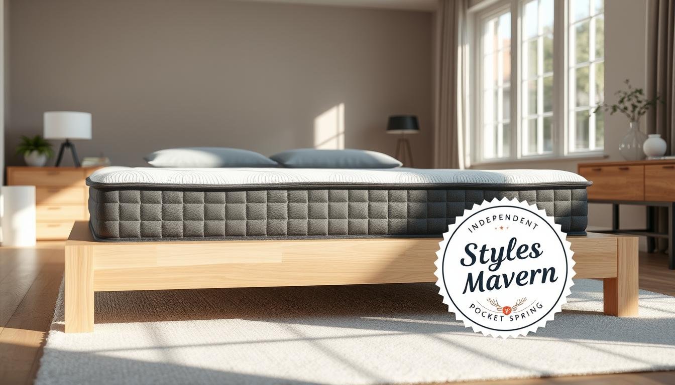 A large, king-size mattress with a modern, independent pocket spring system. The mattress is covered in a stylish, charcoal grey fabric with a subtle quilted pattern. The frame is crafted from light, natural wood, giving it a clean, Scandinavian aesthetic. The mattress is positioned in a well-lit, airy bedroom with large windows that allow natural light to stream in, creating a serene and tranquil atmosphere. In the foreground, a StylesMaven label is prominently displayed, highlighting the quality and craftsmanship of the independent pocket spring mattress.