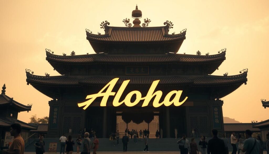 A majestic Taoist temple, its ornate roofs and intricate carvings commanding attention. Soft, warm lighting bathes the scene, casting a serene, reverent atmosphere. In the foreground, a large, illuminated "Aloha" sign stands tall, its bold letters seamlessly incorporated into the temple's traditional design. The sign's warm glow adds a touch of modernity, harmoniously blending with the ancient architecture. Worshippers and visitors move about, their silhouettes creating a sense of timeless spirituality. The image conveys the successful integration of contemporary branding into the hallowed space, elevating the temple's grandeur and appeal.