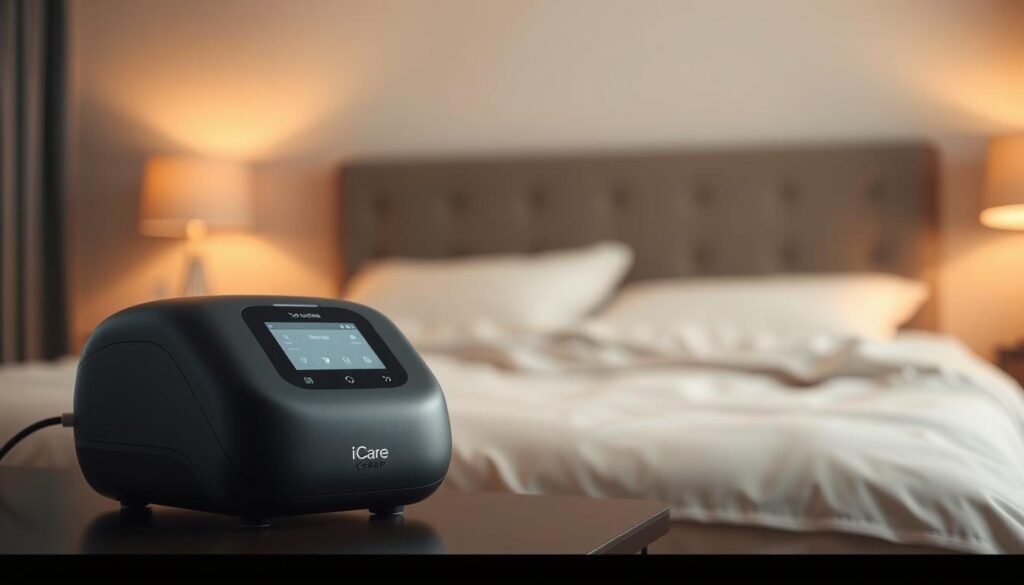 A photorealistic image of an iCareCPAP sleep apnea machine, showcasing its sleek, modern design. The device is positioned prominently in the foreground, with a soft, warm lighting illuminating its smooth, matte-black exterior. The middle ground features a serene bedroom scene, with a cozy, comfortable-looking bed and nightstand in the background. The overall atmosphere conveys a sense of rest, relaxation, and the importance of sleep health. The image emphasizes the machine's role in treating sleep apnea, a condition characterized by interrupted breathing during sleep, highlighting its crucial function in providing continuous positive airway pressure (CPAP) therapy.