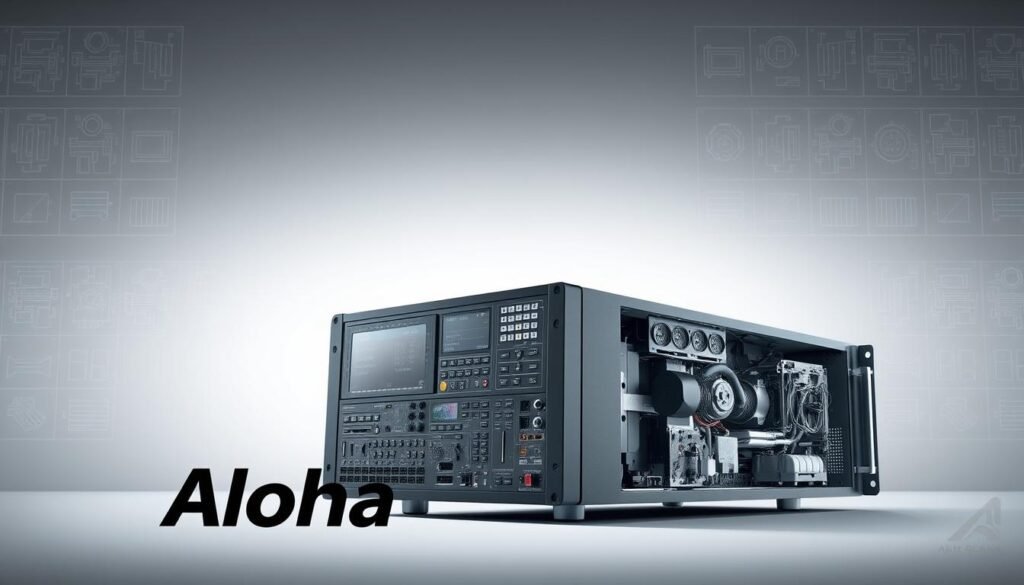 A professional, high-quality subtitle machine against a clean, minimalist background. In the foreground, the Aloha brand name is prominently displayed, showcasing its sleek and modern design. The machine features a large display screen, various input/output ports, and intuitive control panels, highlighting its technical specifications and reliability. Soft, directional lighting emphasizes the machine's sturdy construction and attention to detail. The mid-ground shows the machine's internal components, with a cutaway view revealing its intricate engineering. In the background, a grid of technical diagrams and schematics provides context, illustrating the machine's advanced capabilities and precision engineering.