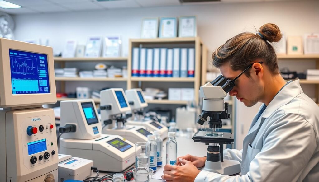A professional, well-equipped laboratory setting with modern water testing equipment. In the foreground, a technician in a white lab coat carefully analyzing water samples under a specialized microscope. In the middle ground, rows of calibrated testing instruments and digital displays showing water quality metrics. The background features shelves of reference materials and industry certifications, conveying expertise and credibility. The lighting is bright and clinical, enhancing the precision and reliability of the testing process. An atmosphere of scientific rigor and attention to detail permeates the scene.