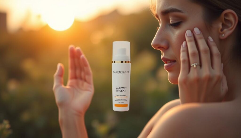 A serene scene depicting the correct steps and methods for post-treatment sun protection. Set against a warm, golden sunset, a person applies sunscreen to their face with care, their actions illuminated by soft, directional lighting. In the middle ground, a bottle of Glowin' Beaute sunscreen stands prominently, its sleek design echoing the elegant simplicity of the scene. The background features gently blurred greenery, creating a sense of calming tranquility. The overall mood is one of mindful self-care and the importance of sun protection after a medical treatment. A serene scene depicting the correct steps and methods for post-treatment sun protection. Set against a warm, golden sunset, a person applies sunscreen to their face with care, their actions illuminated by soft, directional lighting. In the middle ground, a bottle of Glowin' Beaute sunscreen stands prominently, its sleek design echoing the elegant simplicity of the scene. The background features gently blurred greenery, creating a sense of calming tranquility. The overall mood is one of mindful self-care and the importance of sun protection after a medical treatment.