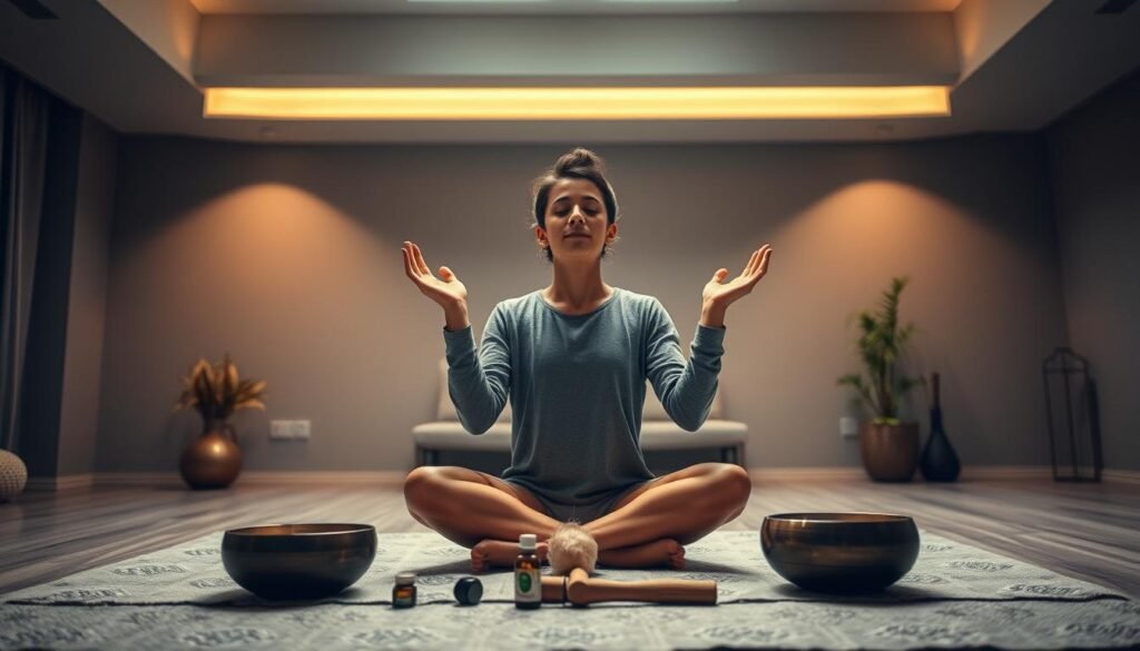 A serene scene of a person practicing self-regulation techniques for tinnitus relief. A calm, dimly lit room with soft lighting and soothing, earthy tones. The person sits cross-legged, eyes closed, palms facing upwards in a meditative pose. An array of therapeutic props like essential oils, sound bowls, and gentle nature sounds create a tranquil, restorative atmosphere. The overall mood is one of introspection, inner balance, and relief from the disruptive effects of tinnitus.