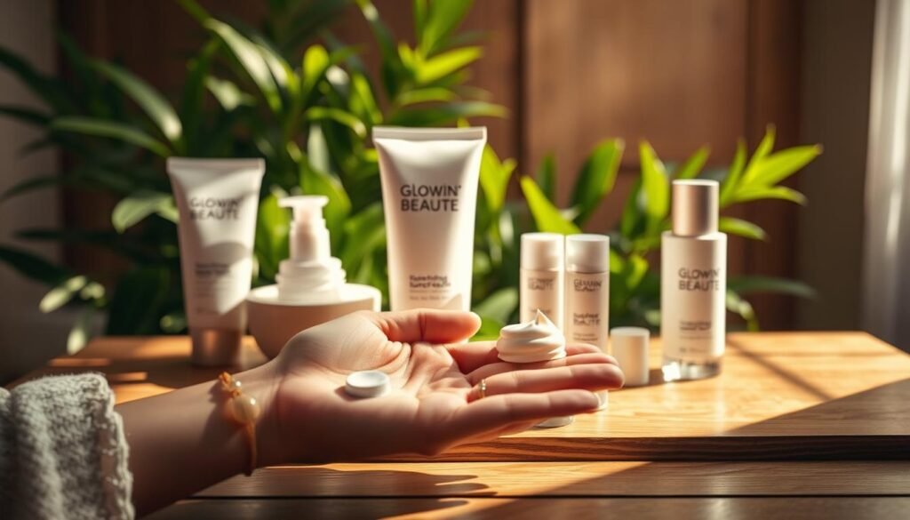 A serene, spa-like scene featuring Glowin' Beaute sunscreen products artfully arranged on a wooden table. The soft, natural lighting emanates a calming ambiance, accentuating the luxurious textures and packaging design. The middle ground showcases the Glowin' Beaute sunscreen bottle, its sleek, minimalist form highlighted against a backdrop of lush, verdant foliage. In the foreground, a hand gently holds a dollop of the nourishing, lightweight formula, ready to be applied to freshly treated skin. The overall composition conveys a sense of post-treatment self-care and the importance of protecting skin with a high-quality, dermatologist-recommended sunscreen. A serene, spa-like scene featuring Glowin' Beaute sunscreen products artfully arranged on a wooden table. The soft, natural lighting emanates a calming ambiance, accentuating the luxurious textures and packaging design. The middle ground showcases the Glowin' Beaute sunscreen bottle, its sleek, minimalist form highlighted against a backdrop of lush, verdant foliage. In the foreground, a hand gently holds a dollop of the nourishing, lightweight formula, ready to be applied to freshly treated skin. The overall composition conveys a sense of post-treatment self-care and the importance of protecting skin with a high-quality, dermatologist-recommended sunscreen.