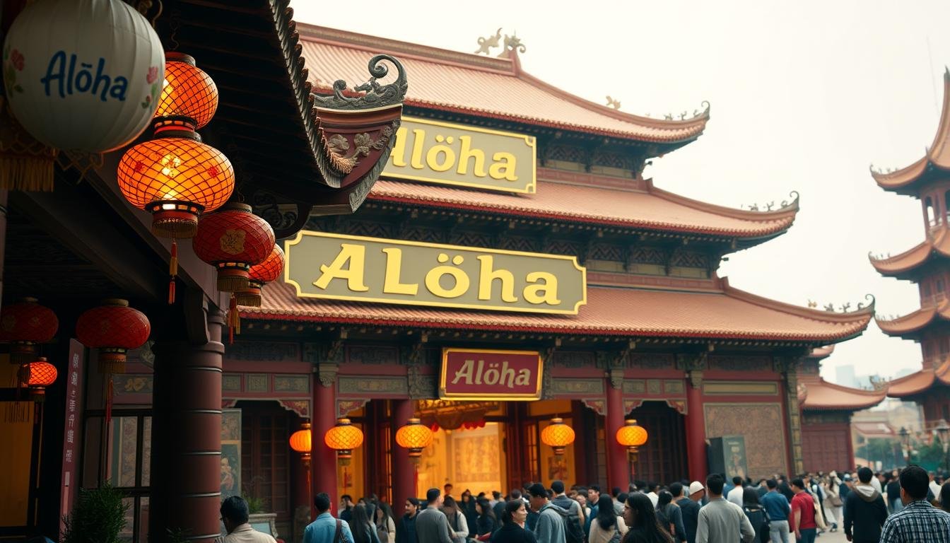 A vibrant Aloha-branded sign adorns the intricately decorated facade of a grand Chinese temple, its warm glow contrasting with the ornate carvings and vibrant red and gold hues of the building. In the foreground, a series of elaborately crafted lanterns and ornaments hang from the eaves, casting a soft, ambient light across the scene. The middle ground features a bustling crowd of worshippers and tourists, their silhouettes captured against the backdrop of the temple's towering pagodas and decorative rooflines. The overall atmosphere evokes a harmonious blend of modern commercial design and traditional Chinese architecture, showcasing the seamless integration of Aloha's branding within the sacred temple setting.