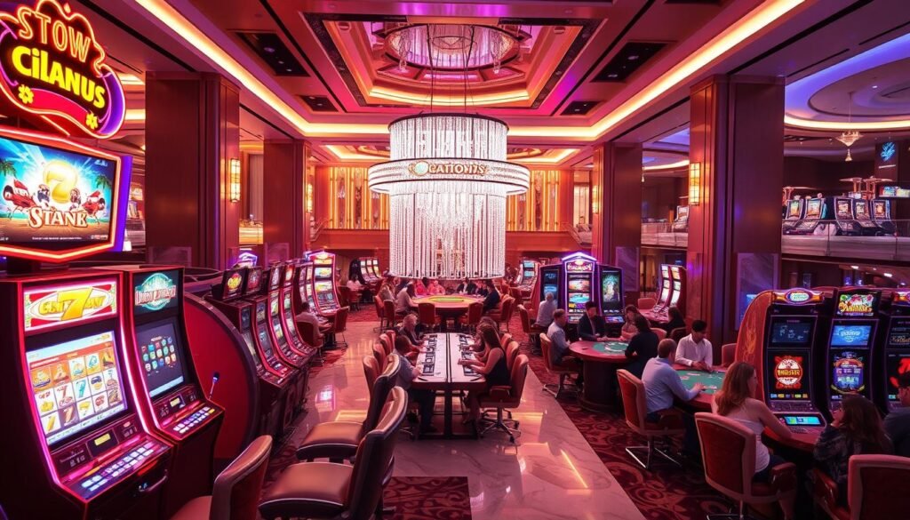 A vibrant and dynamic UTown entertainment city game scene, capturing the essence of exciting digital gambling experiences. In the foreground, a kaleidoscope of neon-lit slot machines and gaming terminals beckons players, their screens flickering with dazzling visuals. In the middle ground, groups of engaged patrons sit at tables, immersed in the thrill of high-stakes table games, the air charged with anticipation. The background features a sleek, modern casino interior, with towering ceilings, gleaming marble floors, and sophisticated lighting that casts a warm, inviting glow. The overall atmosphere is one of excitement, energy, and the promise of potential windfalls, capturing the essence of the UTown entertainment city game experience.