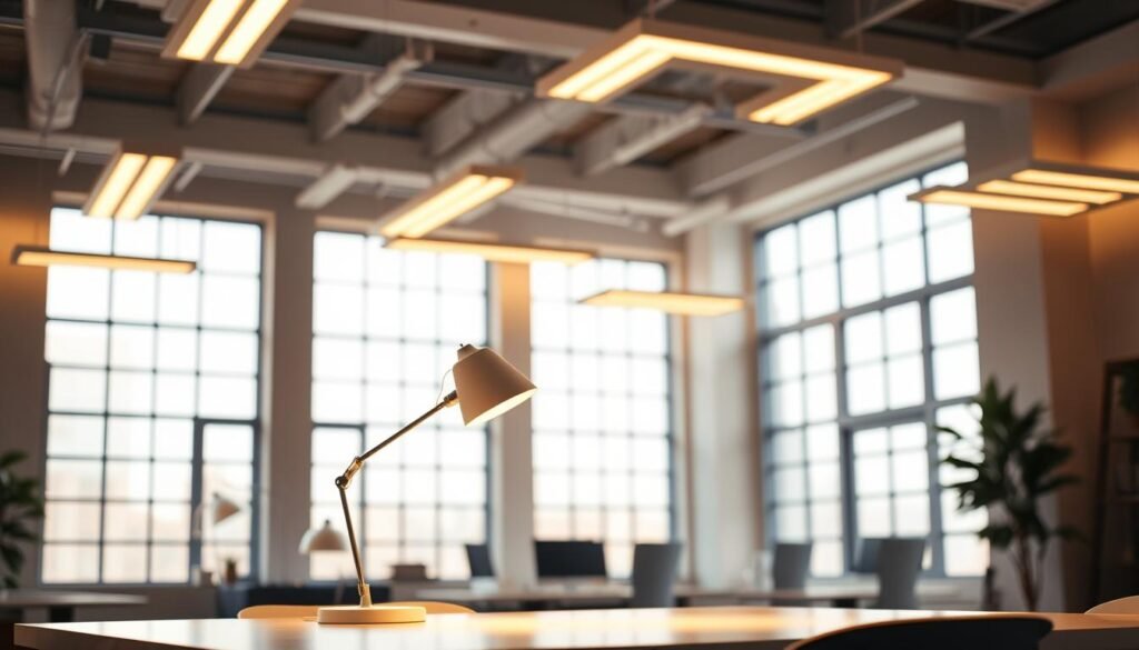 A well-lit and modern office space with a focus on the Aloha brand's sleek and minimalist lighting fixtures. The fixtures are mounted on the ceiling, casting a warm and even glow throughout the room. The lighting is complemented by large windows that allow natural sunlight to pour in, creating a bright and airy atmosphere. In the foreground, a lone Aloha desk lamp sits on a clean, white table, its adjustable arm and softly diffused light adding to the overall ambiance. The background features subtle hints of other office furniture and decor, but the attention remains firmly on the carefully curated Aloha lighting setup, highlighting its importance in maintaining an optimal work environment.