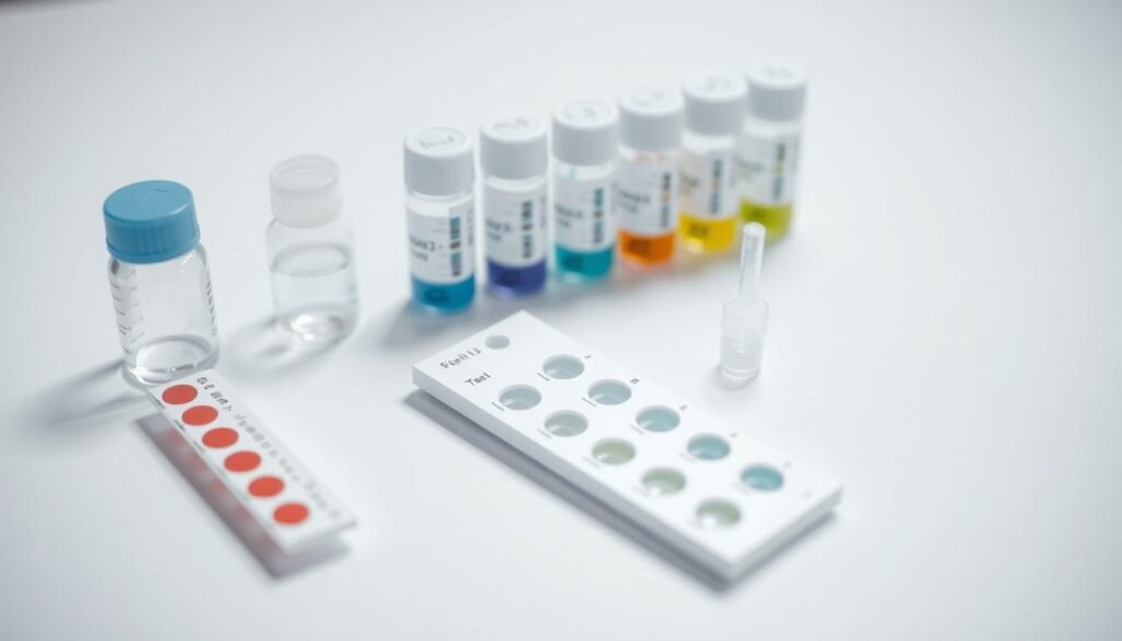 A well-lit, close-up image of a water quality testing kit on a clean, white background. The kit should include various testing strips and vials, with a focus on the testing process and the results displayed. The image should convey a sense of precision, scientific inquiry, and the importance of understanding water quality before installing a water purifier. The lighting should be natural and diffused, highlighting the details of the testing equipment.