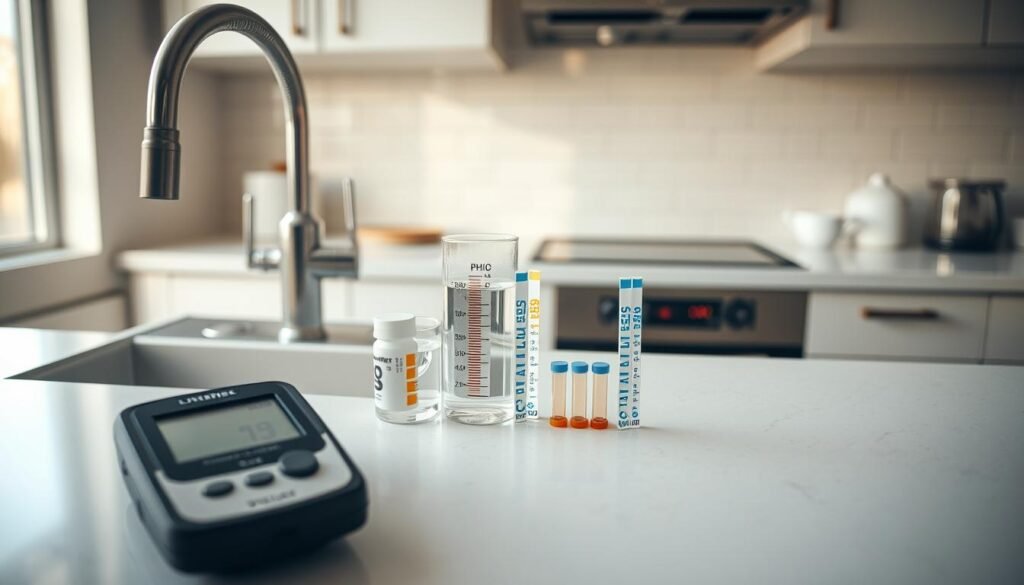 A well-lit, high-angle shot showcasing a residential kitchen sink with various water testing tools arranged neatly on the counter. In the foreground, a handheld digital water quality tester displays the readings, while in the middle ground, a pH meter and chlorine test strips sit beside a glass beaker filled with a water sample. The background features a clean, modern kitchen with minimalist cabinetry and tiled backsplash, creating a professional, analytical atmosphere. Soft, natural lighting enhances the scene, emphasizing the importance of thorough water quality assessment before installing a water purifier.