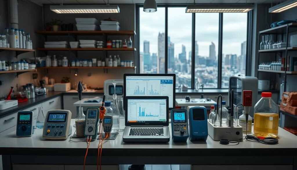 A well-lit laboratory setting with a water testing station in the foreground. On the table, various water testing equipment such as pH meters, turbidity sensors, and conductivity probes. In the middle ground, a computer displays water quality data and analysis. The background features scientific instruments, shelves of reagents, and a large window overlooking a cityscape, suggesting an urban environment. The overall atmosphere is one of precision, professionalism, and environmental awareness.