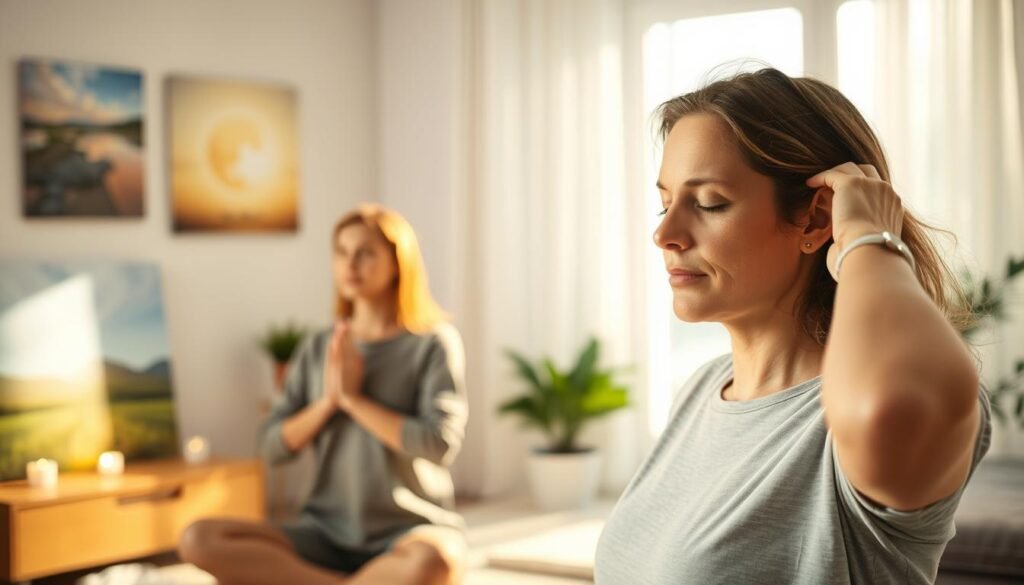 An indoor scene of a person engaging in various exercises and techniques to alleviate their ringing ears. Bright, warm lighting illuminates the setting, creating a calming and therapeutic atmosphere. In the foreground, the person is focused on performing relaxation exercises, using their hands to gently massage the areas around their ears. In the middle ground, they are practicing mindfulness and deep breathing exercises, eyes closed in concentration. In the background, gentle imagery such as soothing nature scenes or symbolic representations of inner peace provide a serene visual accompaniment. The overall composition conveys a sense of empowerment and self-care, illustrating effective rehabilitation strategies for overcoming the challenges of tinnitus.