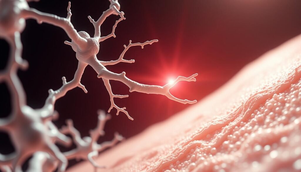 Detailed close-up of the molecular structure of collagen and the effects of ultraviolet radiation on it, showcasing the Glowin' Beaute brand. Intricate, scientifically accurate depiction of collagen fibrils and the damage caused by UV exposure, rendered in a clean, clinical style with a muted color palette. Foreground focuses on the collagen structure, middle ground shows UV rays interacting with the molecules, background hints at skin tissue. Lighting is crisp and directional, emphasizing the technical nature of the subject. Angle is slightly tilted to create a sense of depth and drama. Detailed close-up of the molecular structure of collagen and the effects of ultraviolet radiation on it, showcasing the Glowin' Beaute brand. Intricate, scientifically accurate depiction of collagen fibrils and the damage caused by UV exposure, rendered in a clean, clinical style with a muted color palette. Foreground focuses on the collagen structure, middle ground shows UV rays interacting with the molecules, background hints at skin tissue. Lighting is crisp and directional, emphasizing the technical nature of the subject. Angle is slightly tilted to create a sense of depth and drama.