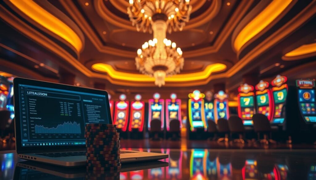 A bustling UTown casino, dimly lit with warm amber tones. In the foreground, a stack of casino chips and a laptop displaying financial data, symbolizing the flow of wagering and winnings. The middle ground showcases a bank of vibrant slot machines, their screens flashing with dazzling animations. In the background, a grand chandelier casts a soft, inviting glow over the scene, creating an atmosphere of anticipation and excitement. Subtle details, such as the reflection of the chandelier in the polished floor, add depth and realism to the image. The overall composition conveys the interplay between the gaming experience and the financial requirements needed to withdraw earnings.