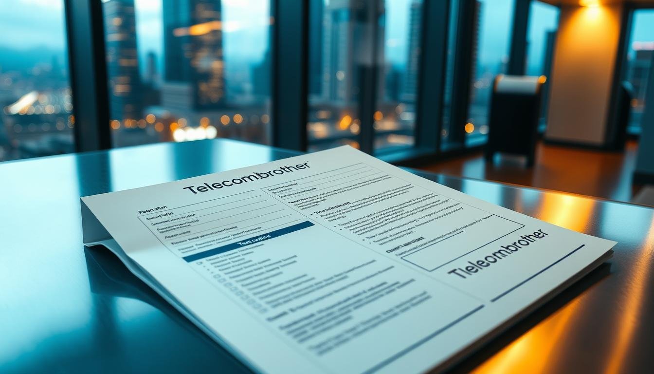 A detailed 5G plan application form sitting on a sleek, metallic desk. The form has the Telecombrother logo prominently displayed, with various sections for personal information, plan details, and terms of service. The desk is illuminated by a warm, directional light, casting subtle shadows and creating a professional, business-like atmosphere. In the background, a blurred cityscape can be seen through a large window, representing the modern, connected world of 5G technology. The overall composition conveys the ease and efficiency of applying for a 5G plan, whether online or in-person.