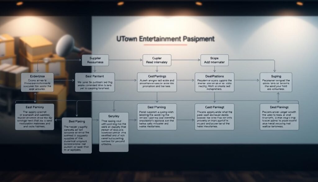 A detailed and meticulously designed business flow diagram depicting the supplier evaluation process at UTown Entertainment. The foreground showcases a series of interconnected steps, represented by clean icons and minimal text, guiding the viewer through the assessment methodology. The middle ground features a well-organized layout with clear visual hierarchy, allowing for easy comprehension of the various stages. The background subtly blends professional graphics and a muted color palette, creating a sense of corporate sophistication. Soft lighting and a balanced composition contribute to an atmosphere of efficiency and transparency, reflecting UTown's dedication to maintaining high standards in their supplier relationships.