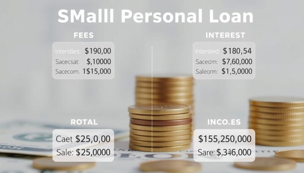 A detailed and visually striking illustration of the various fees and interest rates associated with a small personal loan. The foreground should feature a clean, minimalist infographic-style layout displaying the key financial details in a clear and organized manner. The middle ground could include simple graphical elements like icons, charts, or tables to further visualize the costs. The background should have a soft, blurred financial or banking-themed motif, such as stacks of coins, bank notes, or an abstract geometric pattern suggestive of financial instruments. The overall mood should convey a sense of professionalism, precision, and clarity, suitable for an educational finance-related article.