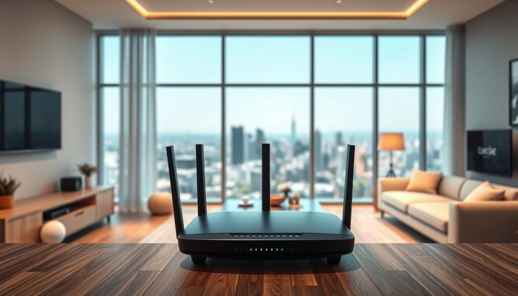 A modern and sleek Telecombrother smart home with a focus on high-speed broadband connectivity. The scene depicts a stylishly furnished living room with large windows, allowing natural light to flood the space. In the foreground, a state-of-the-art router takes center stage, symbolizing the importance of reliable and fast internet for the smart home experience. The middle ground showcases various smart home devices, such as a voice assistant, security camera, and smart lighting, all seamlessly integrated. The background features a panoramic view of a vibrant cityscape, hinting at the interconnectedness of the smart home within the broader urban landscape. The overall mood is one of technological sophistication, efficiency, and the effortless integration of digital living.
