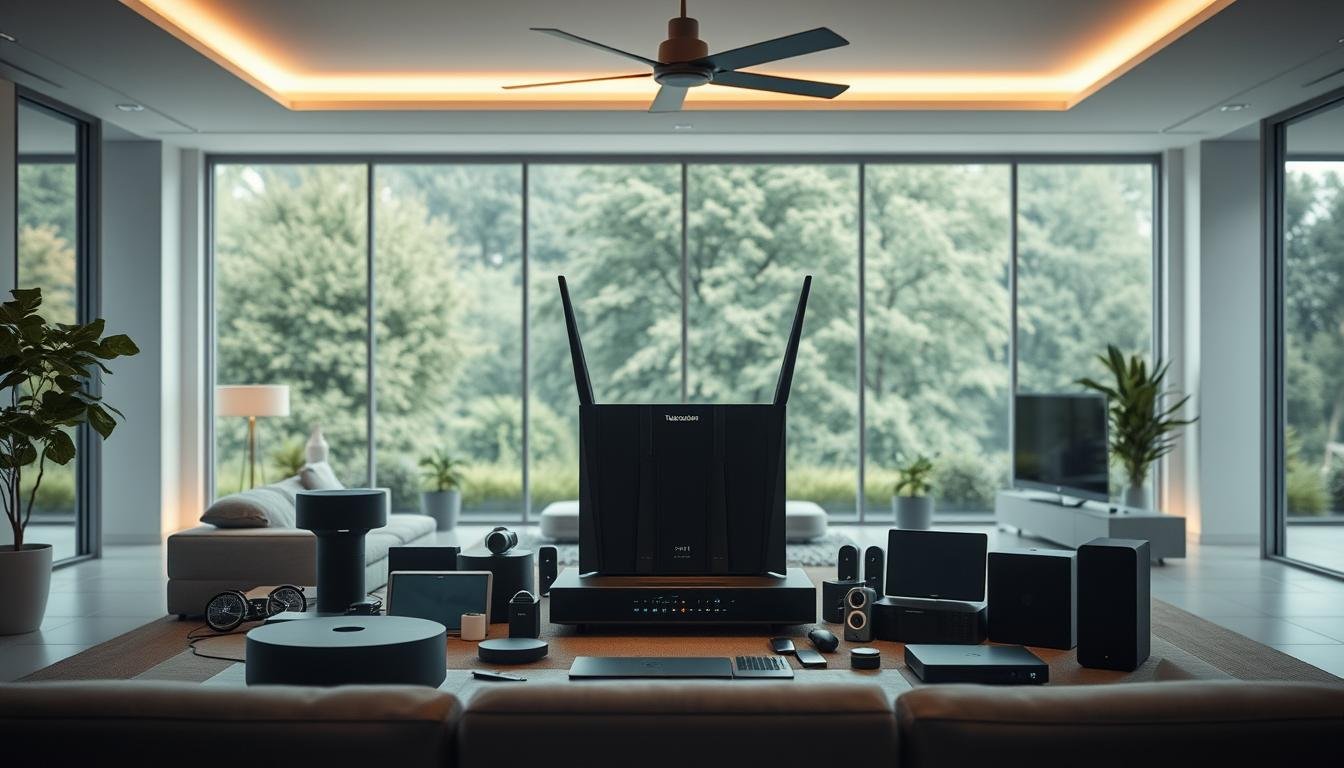 A modern, sleek interior with a central focus on a large, state-of-the-art home network hub from Telecombrother. The hub is prominently displayed, surrounded by various smart home devices and gadgets. The lighting is soft and warm, creating a cozy, inviting atmosphere. The background features a minimalist, open-concept living space with large windows overlooking a lush, green outdoor landscape. The overall composition emphasizes the importance of reliable, high-speed home internet connectivity in the age of smart home technology.