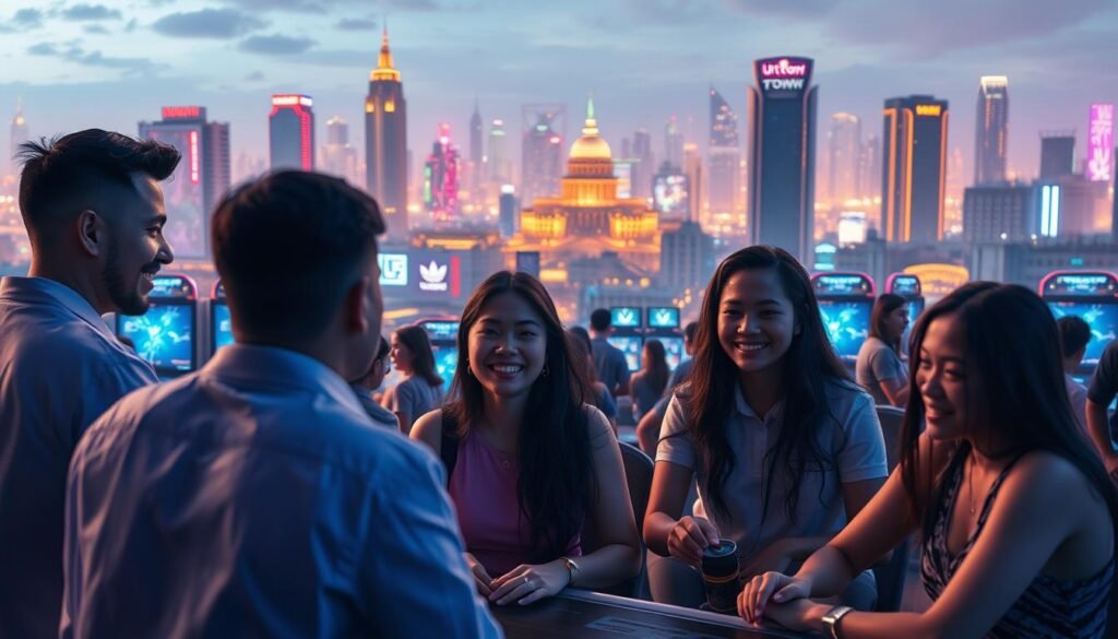 A serene, luminous cityscape featuring the UTown gaming district. The foreground showcases a group of diverse players engaged in friendly, fair competition, their expressions conveying a sense of trust and camaraderie. In the middle ground, state-of-the-art gaming facilities and holographic displays project an air of technological sophistication and safety. The background depicts a vibrant, neon-lit skyline, hinting at the thriving, dynamic nature of the UTown gaming ecosystem. Soft, diffused lighting and a color palette of blues, purples, and golds create a calming, inviting atmosphere that exudes a balance of entertainment and security.