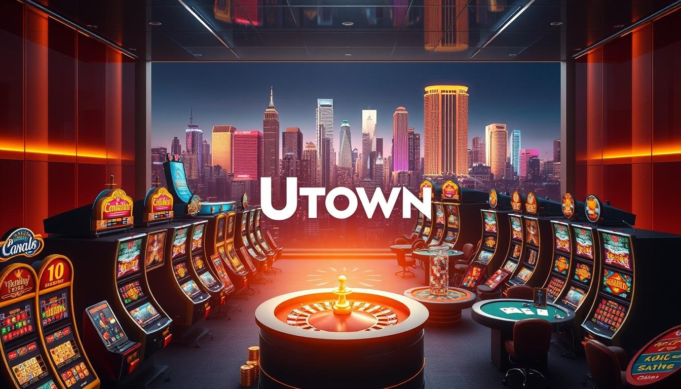 A vibrant and diverse array of online casino games, set against a sleek and modern backdrop. The foreground features a selection of popular game icons, including slot machines, roulette wheels, and card tables, all rendered with a striking attention to detail. The middle ground showcases the UTown brand logo, prominently displayed and integrated seamlessly into the scene. In the background, a stylized cityscape emerges, hinting at the urban sophistication and excitement of the UTown entertainment experience. The lighting is warm and inviting, creating a sense of energy and anticipation. The overall composition conveys the breadth of gaming options available, catering to a wide range of player preferences and interests.