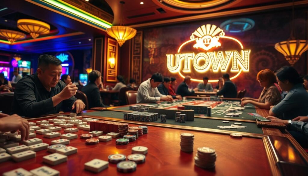 A vibrant and dynamic casino-style scene featuring a variety of popular Chinese card and tile-based games. The foreground showcases players engrossed in a lively game of Mahjong, with ornate tiles and chips on a polished wooden table. The middle ground features a group of people deeply immersed in a high-stakes game of Baccarat, with cards and casino chips scattered across the table. In the background, a neon-lit UTown casino logo shines brightly, creating an aura of excitement and entertainment. The scene is bathed in warm, golden lighting, conveying a sense of sophistication and luxury.