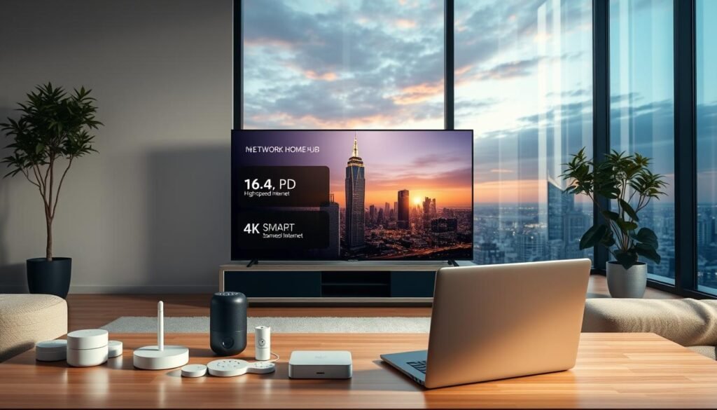 A well-lit, modern home interior with a central focus on a large, sleek smart home hub displaying network connectivity details. In the foreground, various smart home devices such as a voice assistant, security camera, and smart lighting controls are arranged neatly. The middle ground features a 4K smart TV and a laptop, showcasing high-speed internet capabilities. The background depicts a panoramic view of the city skyline through large windows, hinting at the robust network infrastructure provided by Telecombrother. The overall scene conveys a sense of technological sophistication and seamless integration of smart home features, highlighting the importance of reliable high-speed internet for an optimal connected living experience.
