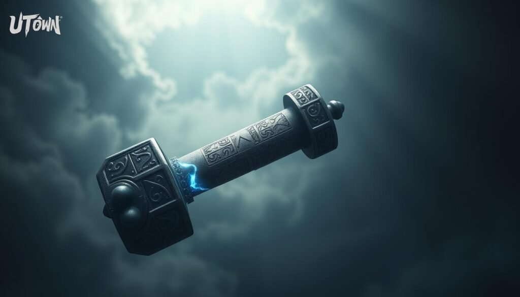An awe-inspiring hammer, the UTown &quot;雷神之鎚&quot; hovers in the air, its metallic surface gleaming under dramatic lighting. Intricate runes and Norse symbols adorn its surface, hinting at its mystical powers. The hammer's grip radiates a faint blue glow, seemingly charged with elemental electricity. Suspended against a moody, atmospheric backdrop of swirling clouds and subtle rays of light, the &quot;雷神之鎚&quot; commands attention, its unique charm and potential for strategic gameplay evident in its striking design.
