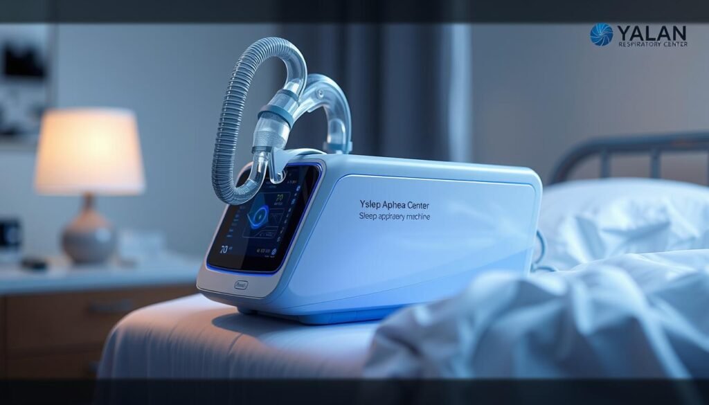 Generate an image of 雅蘭呼吸機中心's sleep apnea machine with a secure and modern design.