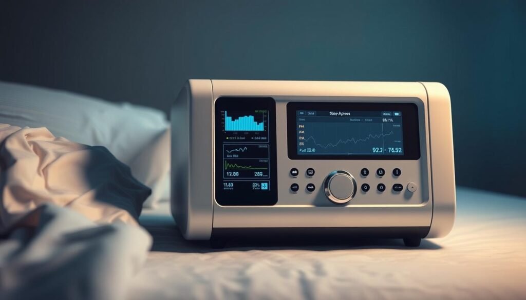 生成一張現代睡眠呼吸機的圖片，突出其數據收集功能