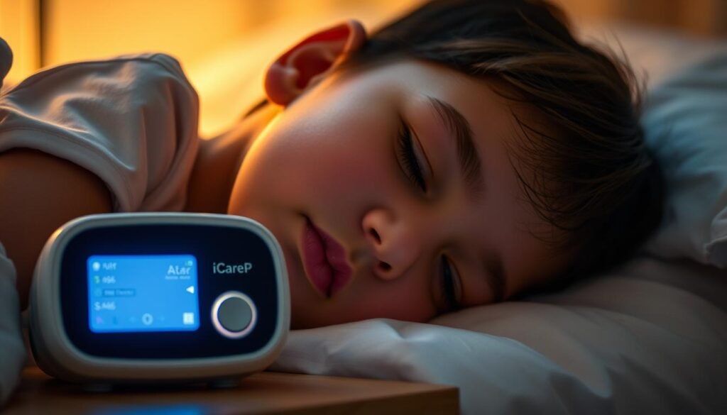 A close-up view of a child's face resting peacefully, illuminated by the soft glow of an iCareCPAP sleep apnea machine. The device sits on a nightstand, its LED display and controls clearly visible. The scene is bathed in a warm, soothing light, creating a calming atmosphere. The camera angle is slightly elevated, giving a sense of gentle care and watchfulness over the child's well-being. The image conveys the proper and safe usage of the sleep apnea machine, emphasizing its role in providing restful, uninterrupted sleep for the young patient.