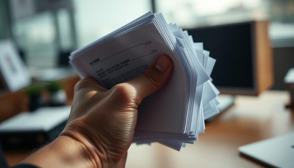 A close-up view of a person's hand holding a stack of loan application forms, symbolizing the potential risks of applying for loans from multiple banks in a short period. The image should have a sense of financial anxiety, with the hand appearing tense and the loan documents slightly crumpled. The background should be blurred, but suggest an office or banking environment, emphasizing the seriousness of the situation. The lighting should be soft and moody, casting subtle shadows to create a sense of unease. The overall composition should convey the underlying message of the potential consequences of frequent credit checks and their impact on one's financial well-being.