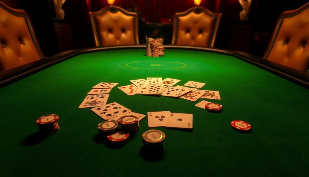 A dimly lit casino table, the green felt surface illuminated by warm, focused lighting. In the center, a spread of playing cards, their intricate patterns and symbols cast in soft shadows. On the tabletop, casino chips in various denominations are neatly arranged, hinting at the strategic decision-making involved in the game of Baccarat. The table is surrounded by elegant, high-backed chairs, creating an atmosphere of sophistication and anticipation. The scene evokes the careful consideration and precision required to understand the nuanced rules of the Baccarat card drawing process, a crucial element in mastering the essence of this timeless casino game.