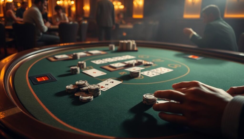 A dimly lit casino table with a green felt surface, elegant wooden edges, and subtle gold accents. On the table, a deck of cards is neatly arranged, along with casino chips in various denominations. The lighting is warm and creates a hazy, atmospheric effect, casting soft shadows across the scene. In the foreground, a player's hands are visible, holding cards and strategically placing chips, conveying the tension and focus of the game. The background is slightly blurred, suggesting the presence of other players and the bustling energy of the casino. The overall composition and styling evoke the sophisticated and strategic nature of the Baccarat card game.