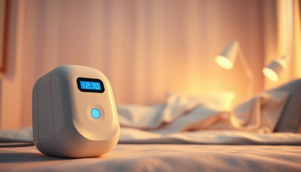 A highly detailed, photorealistic image of a sleek, state-of-the-art iCareCPAP children's sleep apnea machine. The device has a soft, child-friendly design with gentle curves and a soothing blue LED display. It is positioned in the foreground, bathed in warm, directional lighting that highlights its clean, minimalist aesthetic. The middle ground features a tranquil, pastel-toned bedroom environment, with a cozy bed and soft furnishings. The background is hazy and out-of-focus, creating a calming, dreamlike atmosphere. The overall scene conveys the importance of this medical device for children's respiratory health and well-being.