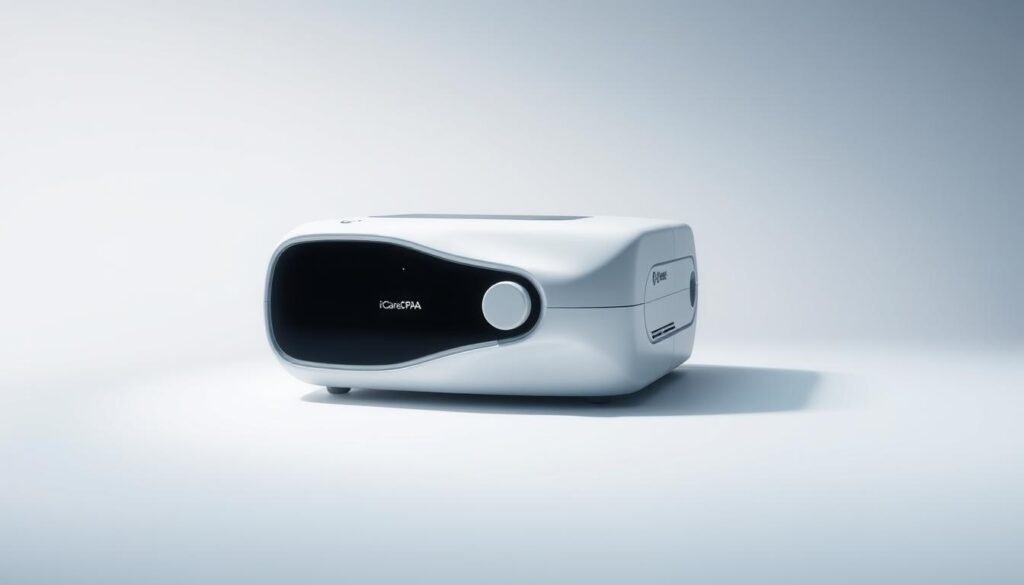 A pristine, well-lit product shot of the iCareCPAP sleep apnea machine against a clean, minimalist backdrop. The machine is elegantly displayed in the center, showcasing its sleek, modern design with precise attention to detail. The lighting accentuates the smooth contours and high-quality materials, creating a sense of professionalism and reliability. The background is subtly gradient, allowing the device to stand out prominently. The overall composition and lighting convey a sense of trust, quality, and medical-grade precision, reflecting the importance of choosing the right sleep apnea machine for children's health and safety.