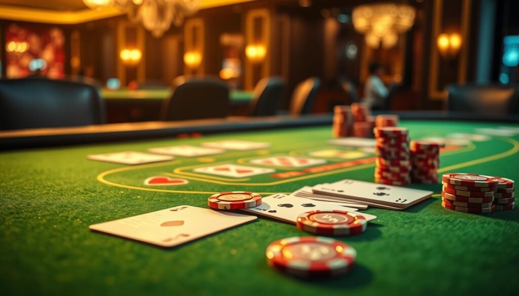 A visually engaging close-up of the essential baccarat gameplay elements on a lush green felt casino table, bathed in warm, dramatic lighting. Crisp, high-detail rendering of the iconic player, banker, and tie betting areas, along with the distinctive baccarat cards, chips, and dealer's dealing area. The composition emphasizes the game's tactile, immersive experience, conveying a sense of sophisticated elegance and anticipation. Subtle ambient details like a blurred casino interior in the background set the scene, while avoiding distractions from the core focus on the fundamental baccarat rules and mechanics.