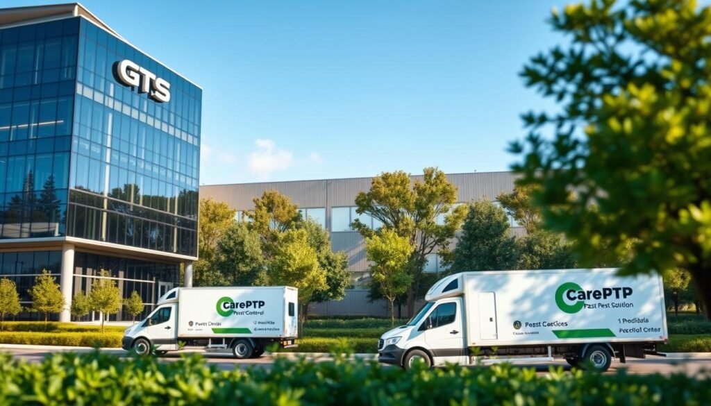 A large, modern iCareCPAP corporate building stands proudly in the foreground, its sleek glass facade reflecting the bustling activity within. The middle ground features a fleet of delivery trucks, their logo prominently displayed, as they efficiently transport pest control solutions to nearby logistics centers. In the background, lush greenery and a clear blue sky create a sense of harmony, underscoring the company's commitment to environmental responsibility. The overall scene conveys the seamless integration of iCareCPAP's pest management services within the logistics supply chain, highlighting their role as a trusted partner for maintaining sanitary and pest-free operations.