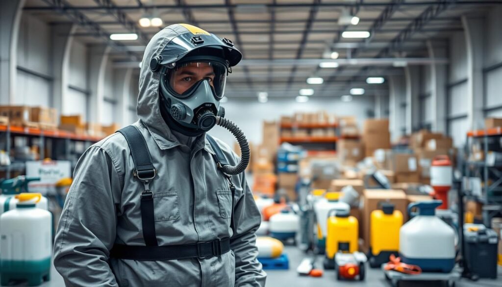 A well-equipped iCareCPAP pest control worker stands in the foreground, wearing a specialized protective suit with a breathing apparatus. In the middle ground, various pest control equipment and tools are neatly arranged, including sprayers, traps, and monitoring devices. The background depicts a clean and organized logistics center, with high ceilings and ample lighting, conveying a sense of professionalism and efficiency. The overall scene exudes a meticulous and methodical approach to pest management, reflecting the specific measures taken to address the issue at hand.
