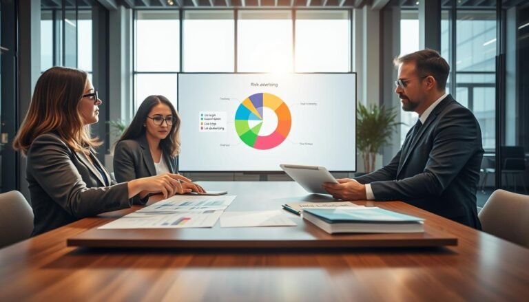 A modern office setting showcasing a professional discussion on risk management regarding brand image. In the foreground, a diverse group of three individuals in business attire, actively engaging in conversation, reviewing documents on a sleek wooden table. One person, a woman with glasses, is pointing at a digital tablet displaying analytics, while another, a man in a suit, takes notes. The middle ground features a large screen displaying a visually striking pie chart with colors representing different advertising strategies, symbolizing "line lap" and "lap advertising." In the background, sunlight filters through floor-to-ceiling windows, casting a warm glow and creating a dynamic atmosphere of collaboration and strategy. The overall mood is serious yet optimistic, reflecting a commitment to maintaining brand integrity. Soft focus on the background creates depth, emphasizing the foreground discussions on brand asset management.