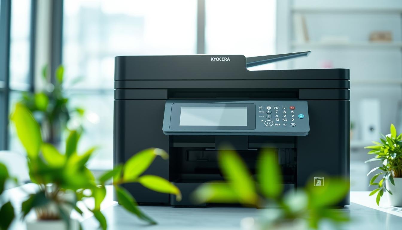 A close-up view of a KYOCERA A4 multifunction printer, showcasing its sleek modern design and eco-friendly features. The printer is placed on a clean, minimalist workspace with subtle green plants around to emphasize its environmentally friendly qualities. Soft, natural light filters through a large window, creating a bright and inviting atmosphere. In the background, blurred office elements hint at high efficiency and technology. The camera angle is slightly angled down to capture the printer's buttons and control panel in detail. The scene conveys a professional, energy-efficient image that speaks to sustainability and modern living.