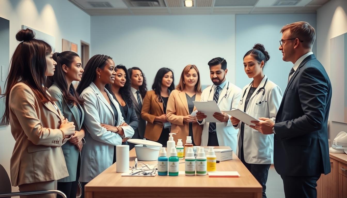 A diverse, professional eczema treatment team in a modern medical clinic, consisting of a mix of ethnicities and genders, dressed in smart business attire. In the foreground, a confident female dermatologist is discussing treatment options with a concerned patient, while a male colleague stands nearby reviewing medical charts. In the middle, medical equipment and skincare products are neatly arranged on a large table, symbolizing a well-equipped healthcare environment. The background features bright, soft lighting illuminating the clinic, with calming colors on the walls to create a soothing atmosphere. The angle is slightly elevated, capturing the engaged interaction between the team and the patient, conveying trust and professionalism in eczema management.