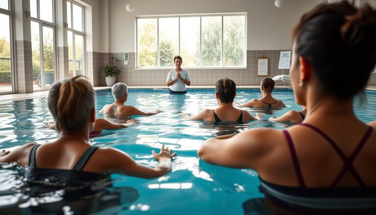 A serene indoor swimming pool setting, focusing on a thoughtfully designed adult swimming class for mental health support. In the foreground, a diverse group of adults, dressed in modest activewear, are engaging in a calming exercise led by an experienced instructor, who wears professional attire. In the middle, light filters through large windows, creating a warm, inviting atmosphere, while soft reflections dance on the water's surface. In the background, supportive materials related to mental wellness are displayed on a nearby table, emphasizing the focus of the program. The scene captures a nurturing, uplifting mood, showcasing the intersection of physical activity and emotional support within a community setting, all under natural daytime lighting that enhances the sense of tranquility and empowerment.