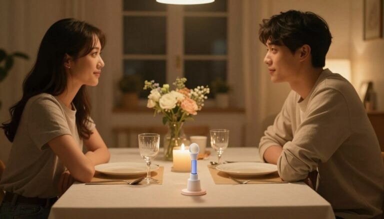 A cozy and intimate setting featuring a beautifully arranged table with soft, warm lighting that evokes a romantic atmosphere. In the foreground, a couple in modest casual clothing sits comfortably, engaging in a deep conversation, illustrating the closeness and trust between them. They are surrounded by tasteful decor that enhances the ambiance, such as candles and flowers. A clear focus on a discreetly presented oral barrier, elegantly displayed on the table, emphasizing its role in promoting hygiene and safety in intimate experiences. The background features soft, blurred silhouettes of a warm, inviting home, fostering a sense of intimacy and security. The image captures a cinematic vibe, encouraging connection and affection. The composition is in a 4:3 aspect ratio, adding to the warmth and focus on the couple's interaction.